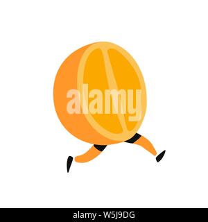 Abbildung eines laufenden orange. Vektor. Symbol für leckere orange Frucht. Flache Cartoon Stil. Lieferung service Logo. Emblem für umweltfreundliche Produkte Shop. Stock Vektor