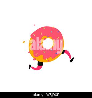 Abbildung eines laufenden Donut. Vektor. Süße Krapfen Charakter mit Beinen. Symbol für Standort auf weißem Hintergrund. Zeichen, Logos für den Store. Lieferung von fre Stock Vektor