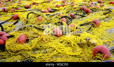 Alte gelbe Fischnetz mit roten Schwimmer Kugeln auf dem Boden bedeckt mit Tannennadeln bereit und wartet auf die Fischerei Stockfoto