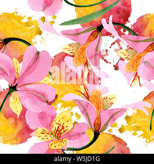 Rosa alstroemeria floral botanischen Blumen. Aquarell Hintergrund Abbildung. Nahtlose Muster. Stockfoto