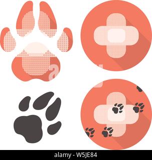 Hund Pfote und Kreuz aus medizinischen Patchs. Satz von Ikonen mit tierärztliche Versorgung Thematik. Stock Vektor