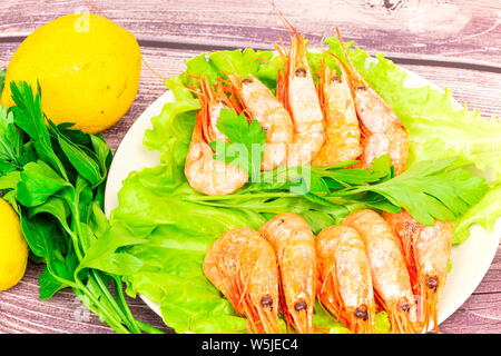 Gekochte Garnelen Atlantik serviert mit Petersilie und Zitrone Salat. Stockfoto