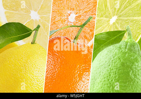 Collage aus Fotos von frischen Orange, Zitrone und Limette mit kopieren. Von oben gesehen. Fotografie Collage. Stockfoto