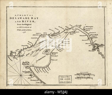 Amerikanischer Unabhängigkeitskrieg Ära Karten 1750-1786 005 ein Diagramm der Delaware Bay und den Fluss aus dem Original wieder aufbauen und Reparieren Stockfoto