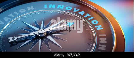 Dunkle Kompass mit Nadel nach dem Wort Innovation - 3D-Darstellung Stockfoto