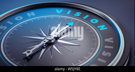 Dunkle Kompass mit Nadel nach dem Wort Vision - 3D-Darstellung Stockfoto