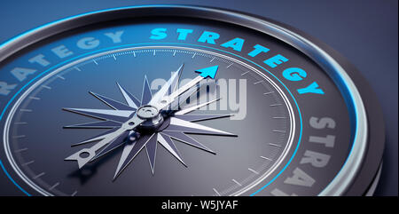 Dunkle Kompass mit Nadel nach dem Wort Strategie - 3D-Darstellung Stockfoto