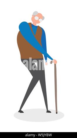 Alte Mann mit seinem Spazierstock, Hand-Vector Illustration gezeichnet. Farbige Flat Style. Stock Vektor