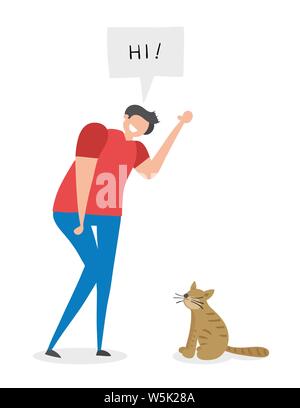 Mann sagt hallo zu der Katze, handgezeichneten Vector Illustration. Farbige Flat Style. Stock Vektor