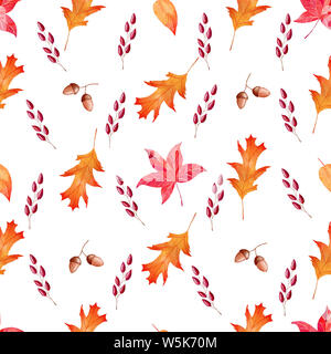 Eicheln, Blätter und Beeren nahtlose Aquarell raster Muster. Herbst Wald flora Symbole dekorativen Textur. Tapeten, Verpackung papier aquarell de Stockfoto