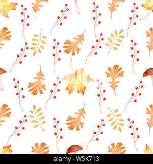 Herbst Wald flora nahtlose Aquarell raster Muster. Fallen Attribute dekorativen Hintergrund. Tapeten, Geschenkpapier, Textil Aquarell d Stockfoto
