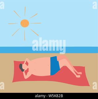 Man unten am Strand liegend, Hand-Vector Illustration gezeichnet. Farbige Flat Style. Stock Vektor