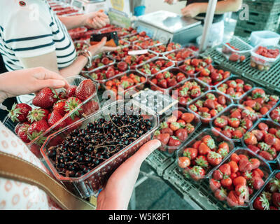 Nahaufnahme von Frau Hände holding Shopping für frische Johannisbeeren und Erdbeeren auf Bauernmarkt - Bio Bio Lebensmittel im französischen Dörfer geerntet Stockfoto