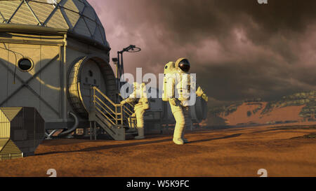 Mars base mit Astronauten, Station auf der Oberfläche des Roten Planeten. Stockfoto