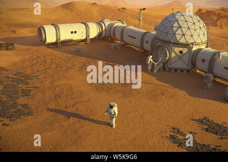 Mars base mit Astronauten, Station auf der Oberfläche des Roten Planeten. Stockfoto