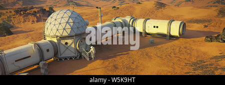 Mars base mit Astronaut, Habitat in Marslandschaft Stockfoto