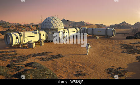 Mars base mit Astronauten, Habitat in Marslandschaft Stockfoto