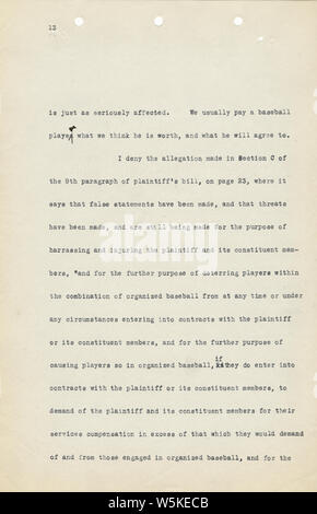 Charles Comiskey Eidesstattliche Erklärung, 14.01.1915-14.01.1915. Beachten Sie, dass Sie die TIFF-Datei nicht für die Seite 1 entfernt werden könnten, so dass es als eine kleinere JPG geliefert wurde. Umfang und Inhalt: Dieser Artikel ist eine eidesstattliche Erklärung von Charles Comiskey, Inhaber der Chicago White Sox. Die eidesstattliche Erklärung ist eine Geschichte seiner Karriere in Baseball, beginnend mit seinem Tage spielt und weiterhin durch sein Eigentum an der White Sox. Er schildert seine vertraglichen Maßnahmen mit bestimmten Spielern, die in der Klage für die Unterzeichnung der Verträge mit mehreren Teams beteiligt waren. Die eidesstattliche Erklärung enthält den Namen des Hofes, Fallnummer und Tite l Stockfoto