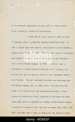 Charles Comiskey Eidesstattliche Erklärung, 14.01.1915-14.01.1915. Beachten Sie, dass Sie die TIFF-Datei nicht für die Seite 1 entfernt werden könnten, so dass es als eine kleinere JPG geliefert wurde. Umfang und Inhalt: Dieser Artikel ist eine eidesstattliche Erklärung von Charles Comiskey, Inhaber der Chicago White Sox. Die eidesstattliche Erklärung ist eine Geschichte seiner Karriere in Baseball, beginnend mit seinem Tage spielt und weiterhin durch sein Eigentum an der White Sox. Er schildert seine vertraglichen Maßnahmen mit bestimmten Spielern, die in der Klage für die Unterzeichnung der Verträge mit mehreren Teams beteiligt waren. Die eidesstattliche Erklärung enthält den Namen des Hofes, Fallnummer und Tite l Stockfoto