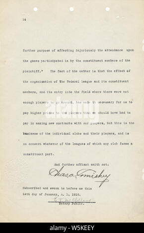 Charles Comiskey Eidesstattliche Erklärung, 14.01.1915-14.01.1915. Beachten Sie, dass Sie die TIFF-Datei nicht für die Seite 1 entfernt werden könnten, so dass es als eine kleinere JPG geliefert wurde. Umfang und Inhalt: Dieser Artikel ist eine eidesstattliche Erklärung von Charles Comiskey, Inhaber der Chicago White Sox. Die eidesstattliche Erklärung ist eine Geschichte seiner Karriere in Baseball, beginnend mit seinem Tage spielt und weiterhin durch sein Eigentum an der White Sox. Er schildert seine vertraglichen Maßnahmen mit bestimmten Spielern, die in der Klage für die Unterzeichnung der Verträge mit mehreren Teams beteiligt waren. Die eidesstattliche Erklärung enthält den Namen des Hofes, Fallnummer und Tite l Stockfoto