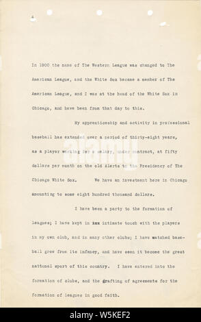 Charles Comiskey Eidesstattliche Erklärung, 14.01.1915-14.01.1915. Beachten Sie, dass Sie die TIFF-Datei nicht für die Seite 1 entfernt werden könnten, so dass es als eine kleinere JPG geliefert wurde. Umfang und Inhalt: Dieser Artikel ist eine eidesstattliche Erklärung von Charles Comiskey, Inhaber der Chicago White Sox. Die eidesstattliche Erklärung ist eine Geschichte seiner Karriere in Baseball, beginnend mit seinem Tage spielt und weiterhin durch sein Eigentum an der White Sox. Er schildert seine vertraglichen Maßnahmen mit bestimmten Spielern, die in der Klage für die Unterzeichnung der Verträge mit mehreren Teams beteiligt waren. Die eidesstattliche Erklärung enthält den Namen des Hofes, Fallnummer und Tite l Stockfoto