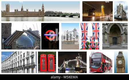 Berühmte Londoner Architektur und allgemein alltägliche Objekte Collage verwendet Stockfoto