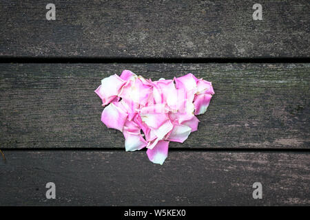 Liebe Konzept: Rosenblätter in Form von einem Herz in der Mitte eines dunklen Hintergrund Stockfoto