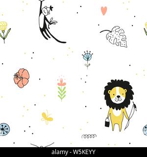 Cute tropical animals lion and monkey seamless pattern . Vector childish background Stock Vektor
