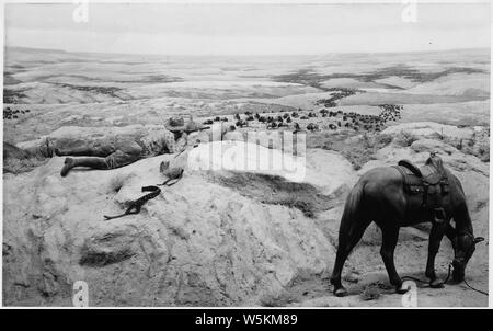 Cowboy Gewehr zielt auf eine Herde Büffel beim Pferd Schürfwunden; Umfang und Inhalt: Dieses Foto ist ein Teil der im Museum. Stockfoto