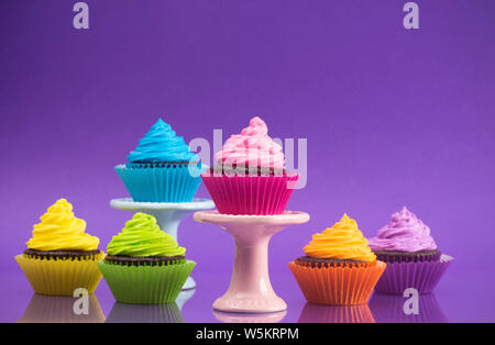 Regenbogenfarbige Frosted Chocolate Cupcakes für eine Partei gesetzt Stockfoto