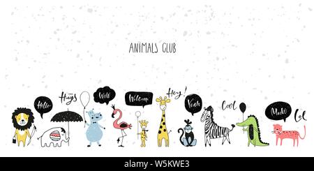 Safari niedliche Tiere Reihe mit Schriftzug. Vektor kindisch eingestellt Stock Vektor