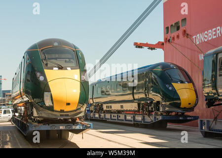 Ankunft der Modellbahn an der Southampton Hafen an Bord eines Schiffes wird betrieben von Wallenius Wilhelmsen Stockfoto