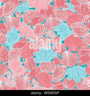Vektor Coral Pink und Blau Rapport mit Vielzahl von overlaping Seashells. Perfekt für Gewebe, Scrapbooking, wallpaper Projekte. Stock Vektor