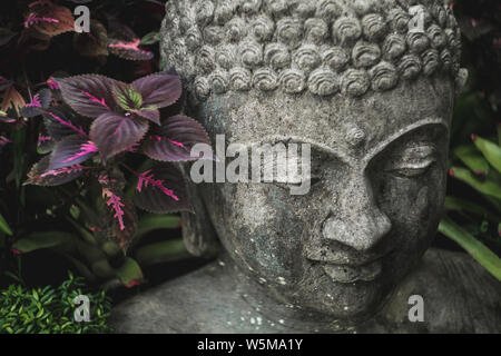 Buddha Gesicht Nahaufnahme. Handgefertigte geschnitzte Buddha Statue im balinesischen Garten als Dekoration. Stockfoto