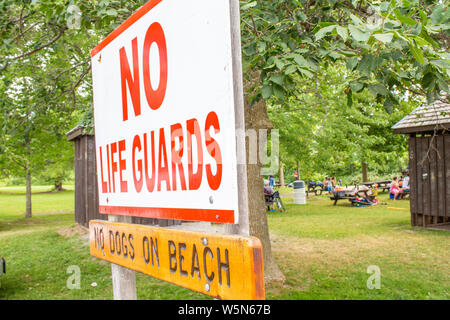 Zeichen außerhalb einer Strand warnen, dass keine Rettungsschwimmer im Einsatz, und keine Hunde sind am Strand erlaubt. Stockfoto