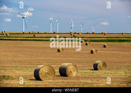 Erneuerbare Energien Windenergieanlagen auf einem abgeernteten Agrarbereich mit Ballen Heu in der kanadischen Prärie von Alberta, Kanada. Stockfoto