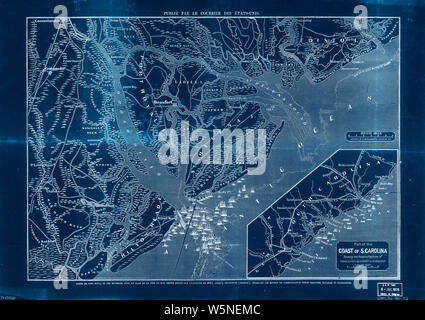 Bürgerkrieg Karten 0229 Carte de Port Royal et des Umgebung avec un Plan de la Côte du Sud depuis Bull's Bay Caroline du Sud jusqu'à Brunswick Géorgie indiquant Les moyens de Communication entre Beaufort Savana invertiert Stockfoto