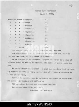 Blick auf den Hafen Sanitorium. Bericht der Fälle und Tätigkeiten als Reaktion auf das Erdbeben in San Francisco 1906 und Feuer von Dr. W.A. Mackenzie, Medizinischer Direktor zuständig.; Umfang und Inhalt: Dieses Dokument bezieht sich auf die Reaktion auf das Erdbeben San Francisco 1906 und Feuer. Es war im Harbor View Sanitorium eine Institution unter die Zuständigkeit der Armee während der Zeit nach dem Erdbeben erstellt. Stockfoto