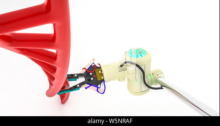Roboterarm holding Durchstechflasche mit DNA Labor Robotik Roboter Technologie Medizin Forschung Konzept robotic Wissenschaft Konzept Roboterarm Laborglas D Stockfoto