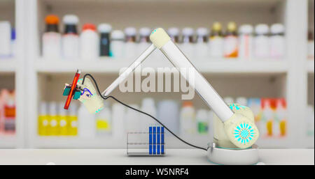 Roboterarm holding Durchstechflasche mit DNA Labor Robotik Roboter Technologie Medizin Forschung Konzept robotic Wissenschaft Konzept Roboterarm Laborglas D Stockfoto