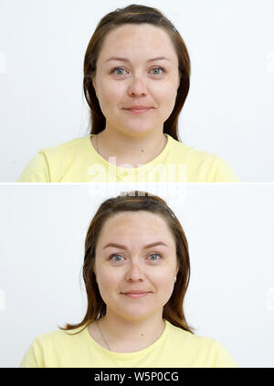 Foto Vergleich vor und nach der Permanent Makeup, Tätowierung der Augenbrauen für Frau im Beauty Salon Stockfoto