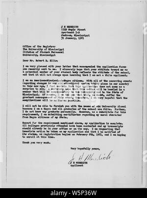 James Meredith's Brief an den Kanzler, Universität von Mississippi Januar 31, 1961; Umfang und Inhalt: Brief von James Meredith über seine Bewerbung an der Universität von Mississippi. Allgemeine Hinweise: Kennedy, John F. Stockfoto