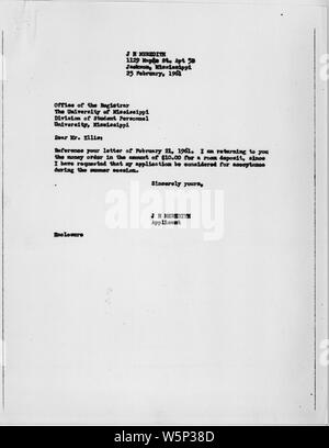 James Meredith's Brief an den Kanzler, Universität von Mississippi Februar 25, 1961; Umfang und Inhalt: Brief von James Meredith über seine Bewerbung an der Universität von Mississippi. Allgemeine Hinweise: Kennedy, John F. Stockfoto