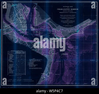 Bürgerkrieg Karten 0425 Allgemeine Karte von Charleston Harbor South Carolina Übersicht rebel Abwehr und Hindernissen invertiert Bauen und Reparieren Stockfoto