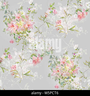 Aquarell von Blatt und Blumen, nahtlose Muster auf grauem Hintergrund Stockfoto