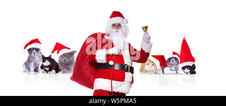 Portrait von Santa Claus vor einer Gruppe von Weihnachten Katzen während Sie seinen Sack mit Geschenken und Klingeln seine Glocke Stockfoto