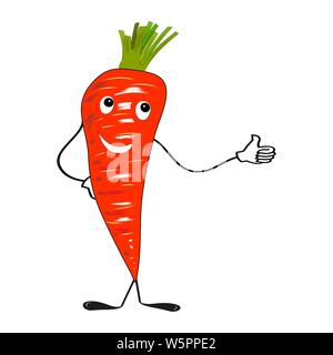 Enthusiastische Karotte ist eine Comic-Stil Charakter. Isoliert, weiß. Karotte mit Gesicht. Vektor Stock Vektor