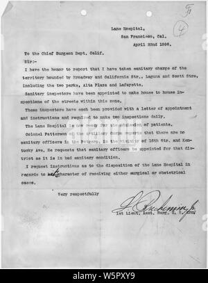 Brief von 1 Leutnant, Assistant Surgeon General der US Army Chief Surgeon General, Kalifornien, gesendet von Lane Hospital, San Francisco, 22. April 1966; Umfang und Inhalt: Dieses Dokument bezieht sich auf die Reaktion auf das Erdbeben San Francisco 1906 und Feuer. Stockfoto