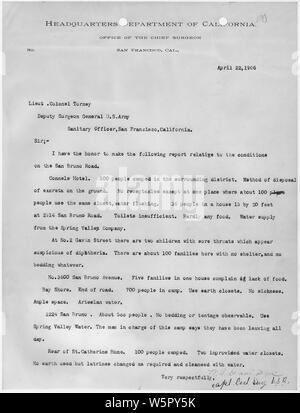 Brief von Assistant Surgeon General in der Zentrale Abteilung von Kalifornien, Ofrfice der Chefarzt, San Francisco CA zum Oberstleutnant Torney, Stellvertretender Surgeon General, US Army, Sanitär Officer, San Francisco, Kalifornien, 22. April 1906; Umfang und Inhalt: Dieses Dokument bezieht sich auf die Reaktion auf das Erdbeben San Francisco 1906 und Feuer. Stockfoto