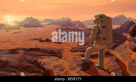 Astronaut auf dem Planeten Mars Beobachten der aufgehenden Sonne Stockfoto